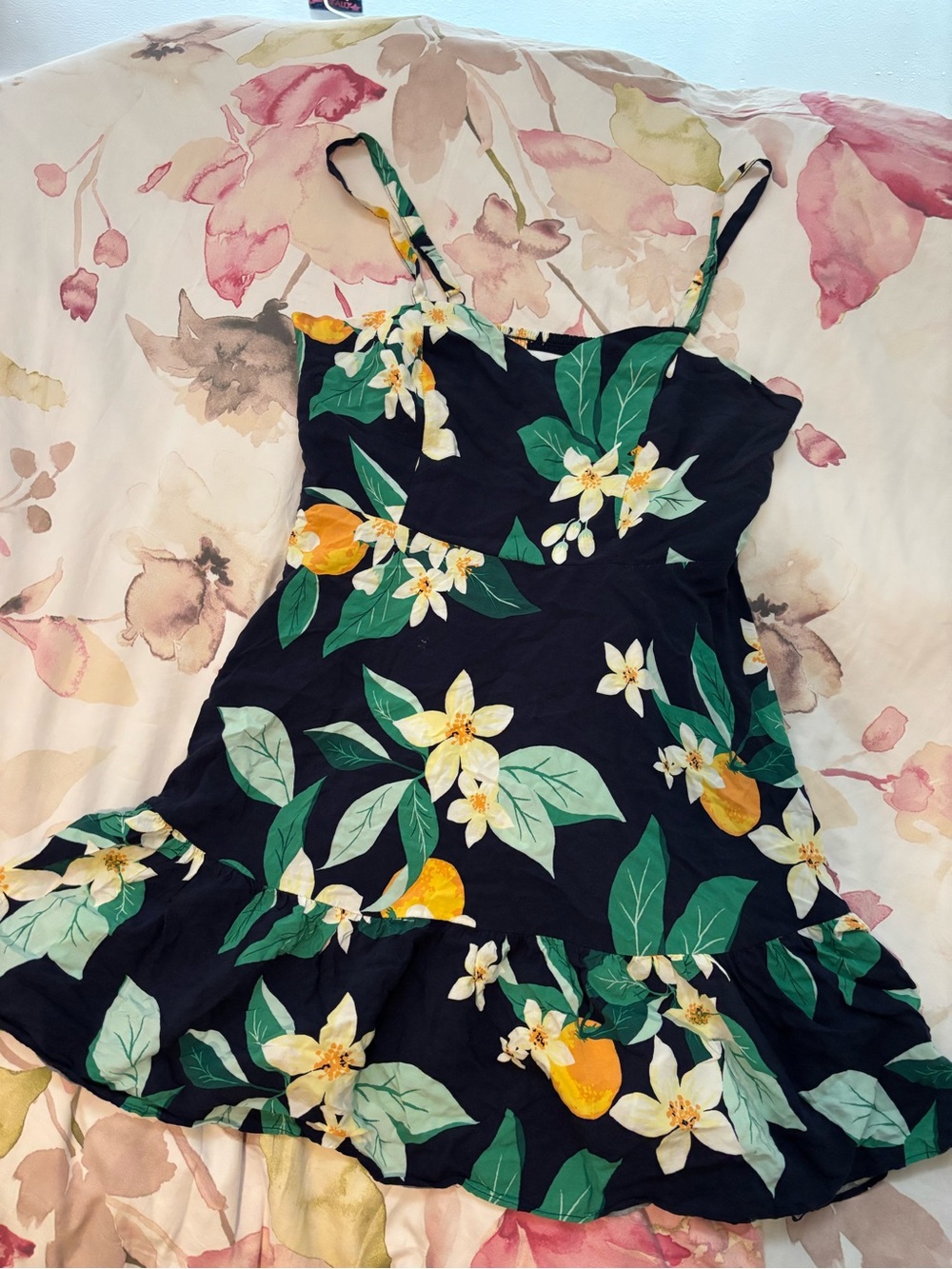 Old Navy Black Mini Dress with Yellow & Green Floral Print